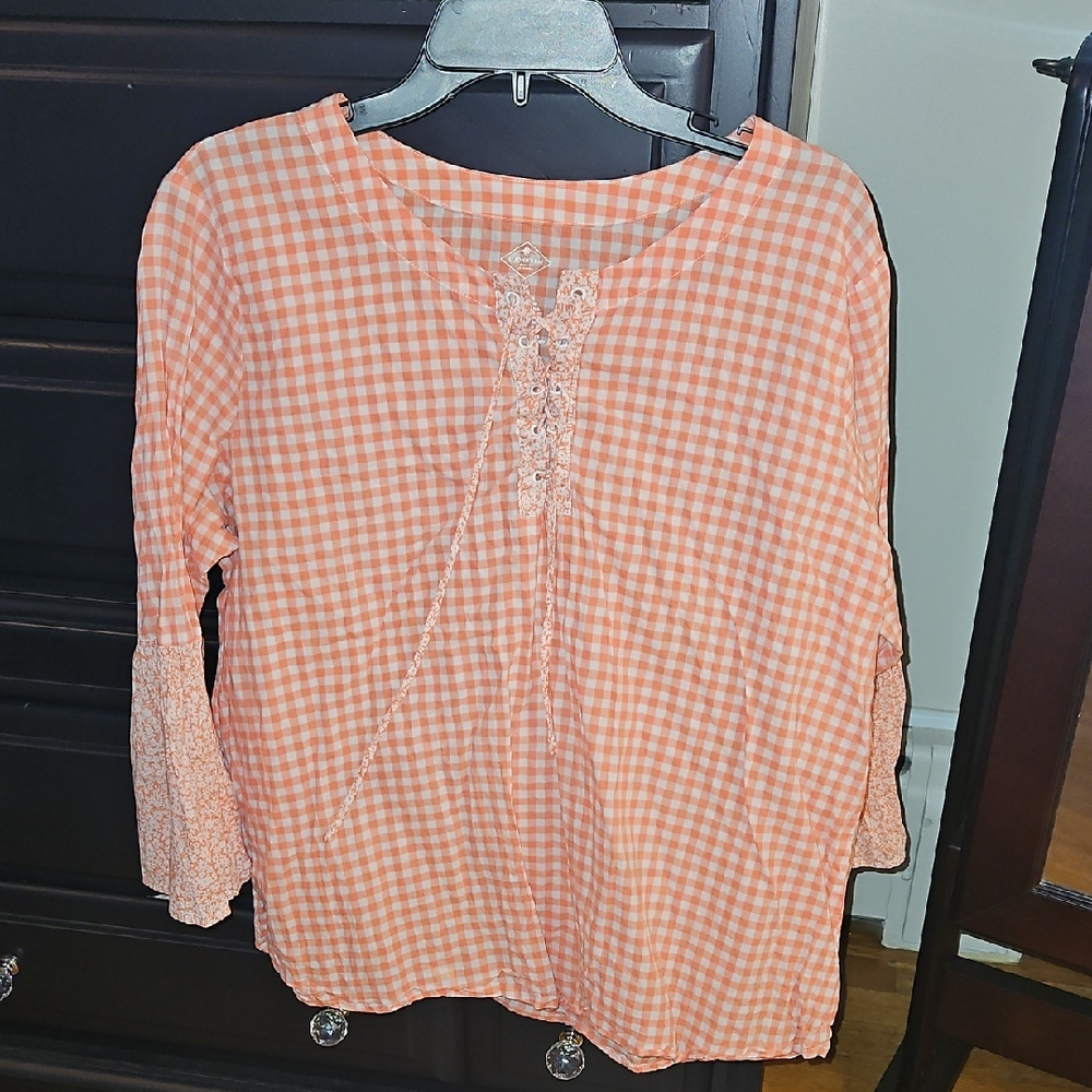 St John's Bay Pink & White Gingham Checkered Cotton Top With Floral Bell Sleeve